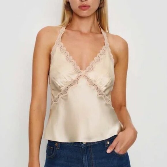 BEST Reformation Monica Silk Top - Almond Cream Halter Lace French Quiet Lux - Picture 4 of 11